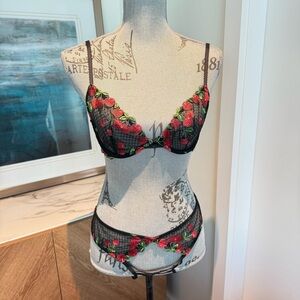 Victoria's Secret Black Bra with Red Cherry Embroidery design